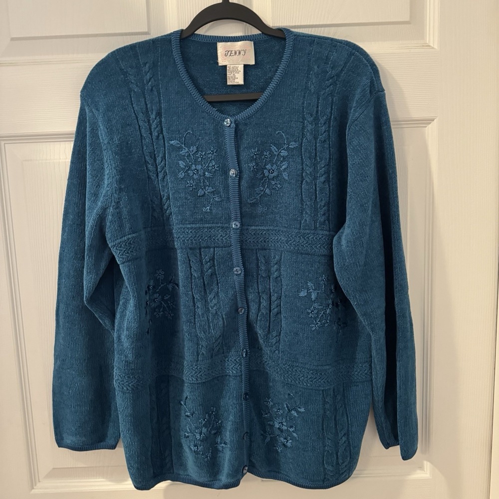 90s Dark Teal Blue Chenille Cardigan Sweater w Floral Embroidery Size XL Granny